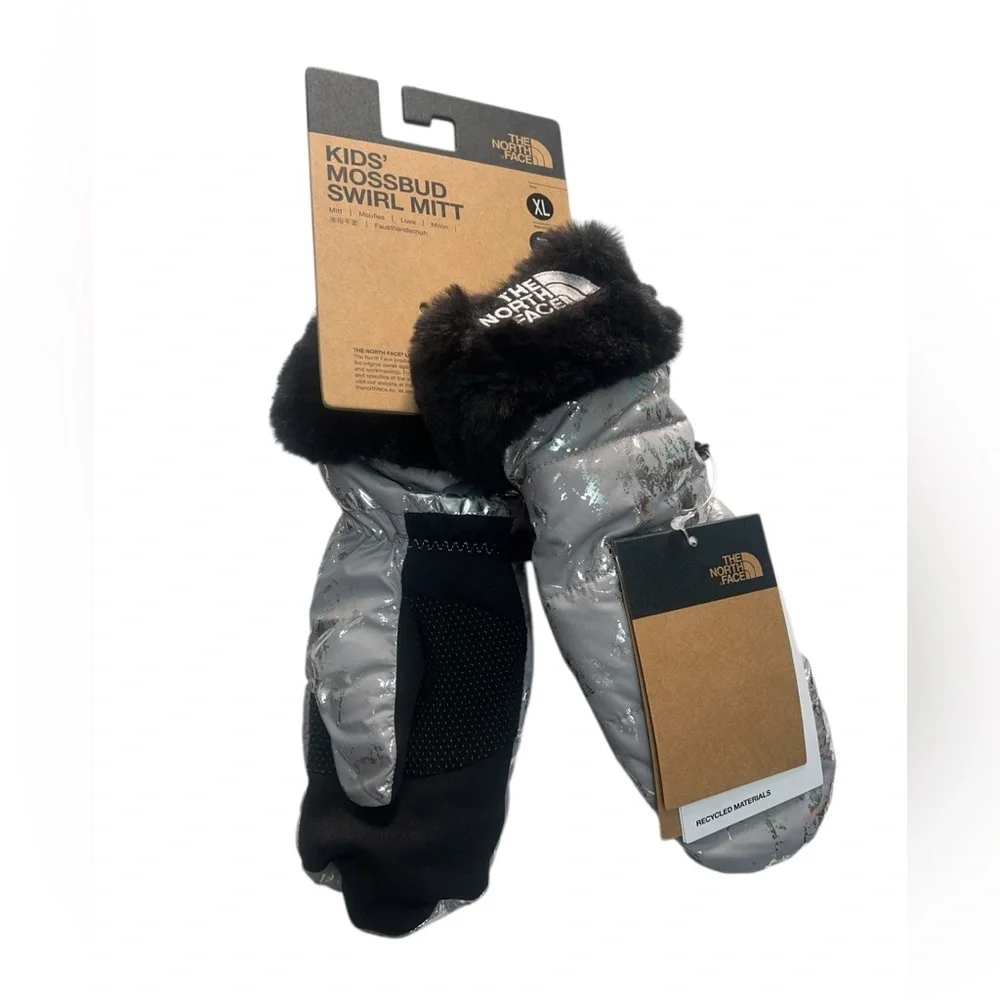 North Face Kids silver print Mossbud mittens
